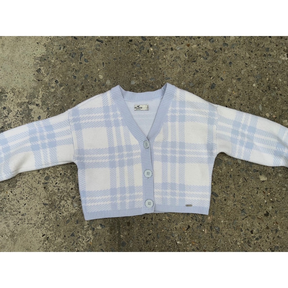 Hollister Blue White Plaid Cropped Cardigan Sweater Buttons V-Neck Womens Small - Picture 6 of 10